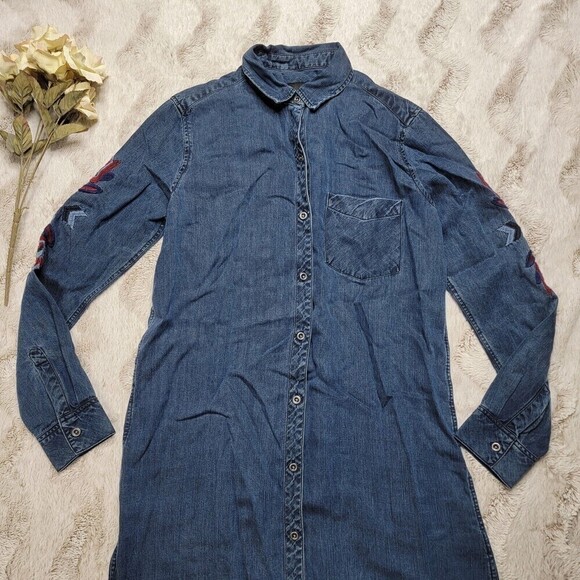 Rails Dark Denim Style Button Up Blouse Dress With Embroidered Stitch Blue XS - Picture 2 of 12